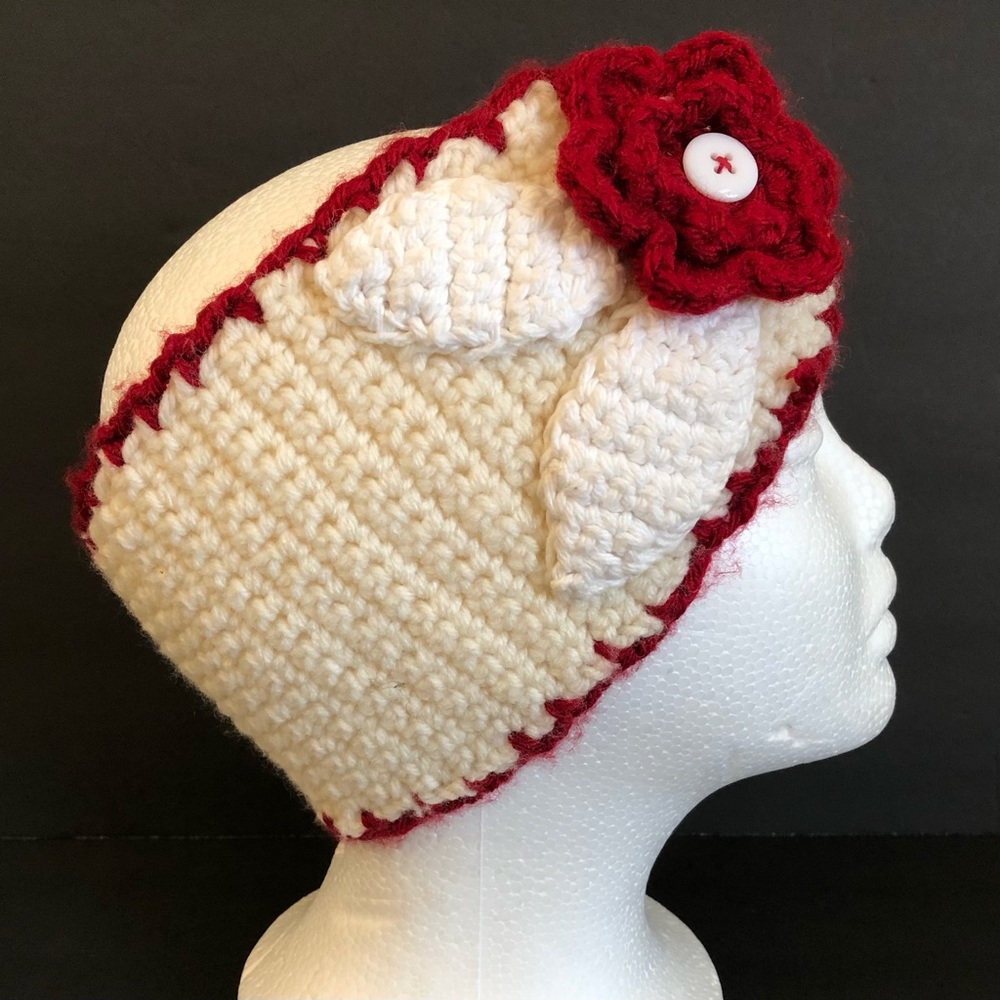 Handmade White Red Knitted Flower & Button Ear Warmer Headband